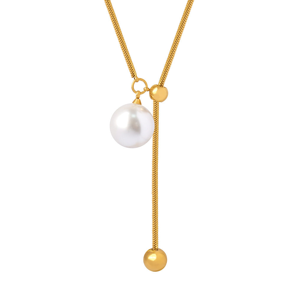 Stainless Steel Ball Tassel Imitation Pearl Pendant Necklace