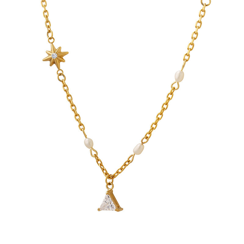 Triangle Pendant Inlay Cubic Zirconia Freshwater Pearl Spliced chain Necklace