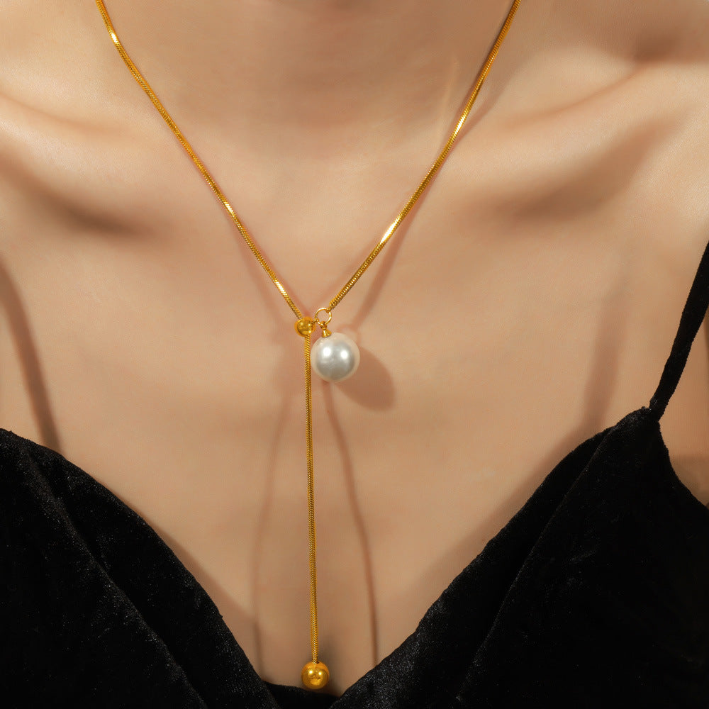 Stainless Steel Ball Tassel Imitation Pearl Pendant Necklace