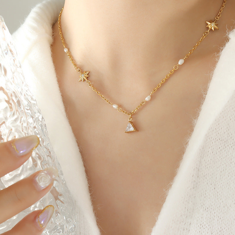 Triangle Pendant Inlay Cubic Zirconia Freshwater Pearl Spliced chain Necklace