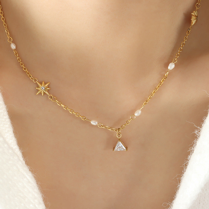 Triangle Pendant Inlay Cubic Zirconia Freshwater Pearl Spliced chain Necklace