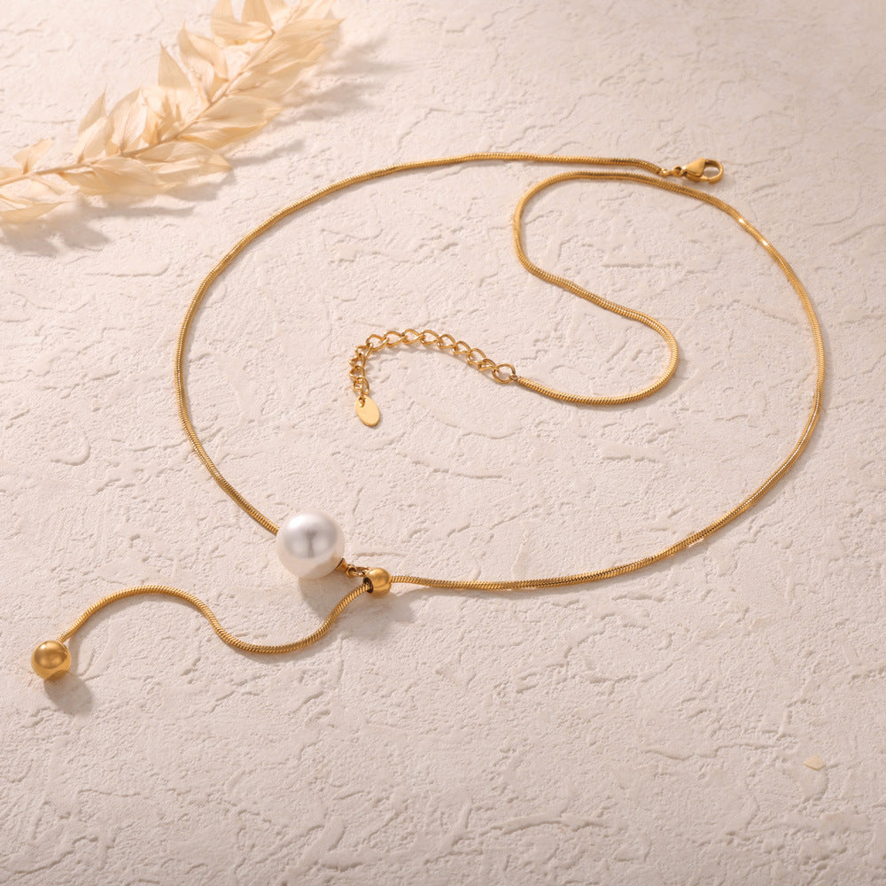 Stainless Steel Ball Tassel Imitation Pearl Pendant Necklace