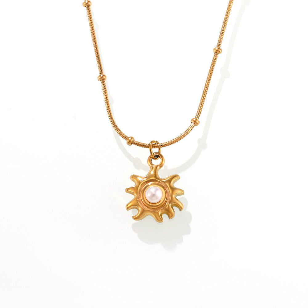 Stainless Steel Sunflower Imitation Pearl Necklace