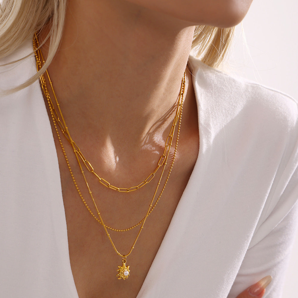 Stainless Steel Sunflower Imitation Pearl Necklace