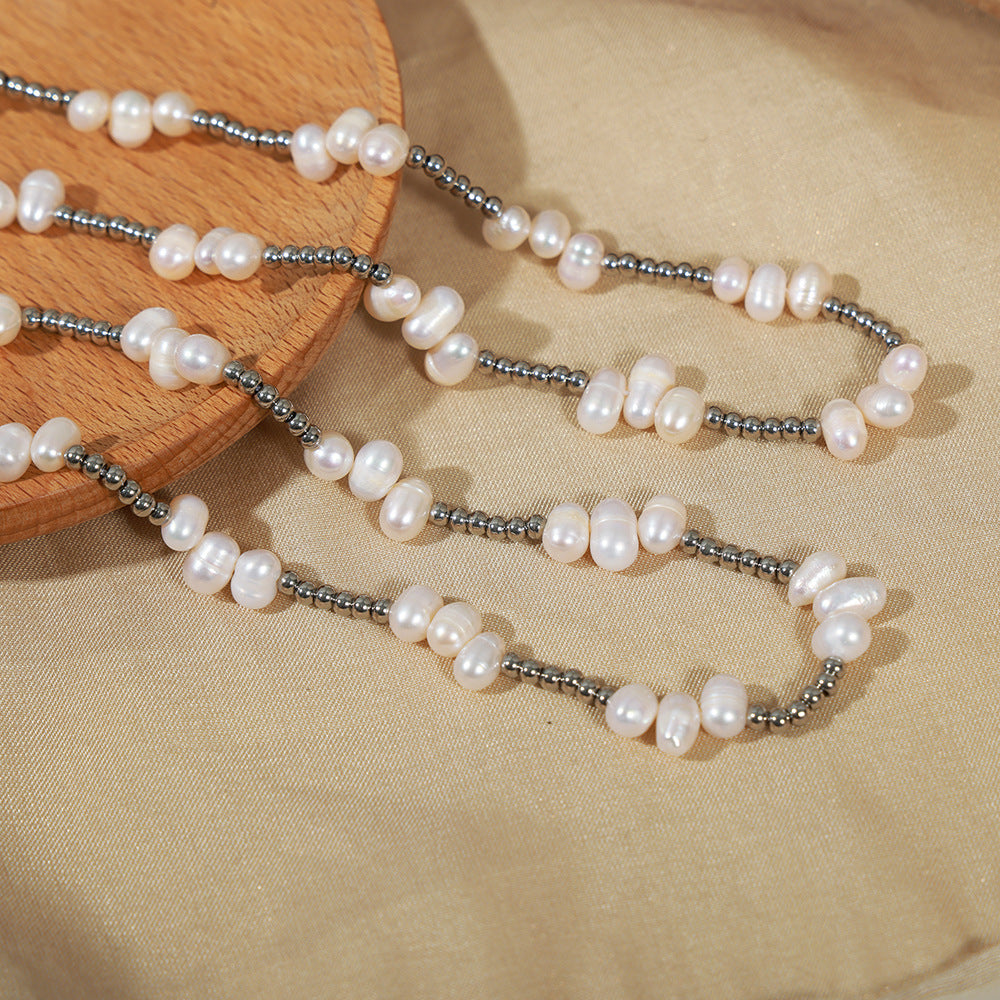 Stainless Steel Beads Freshwater Pearl Bead Necklace