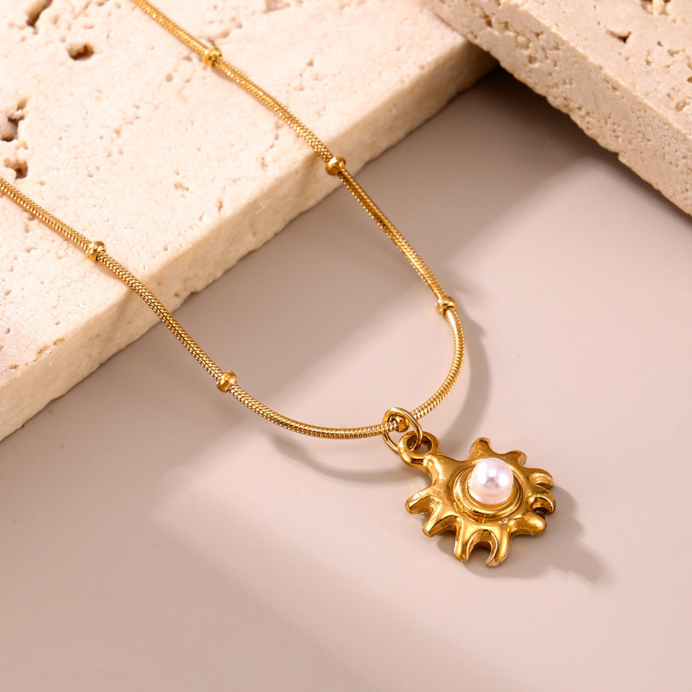 Stainless Steel Sunflower Imitation Pearl Necklace
