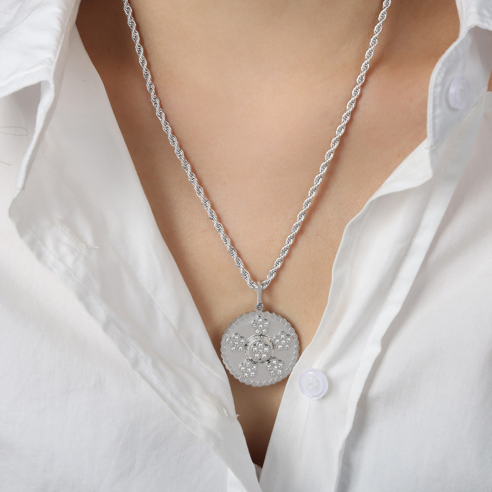 Stainless Steel Flower Inlay Cubic Zirconia Round Pendant Necklace