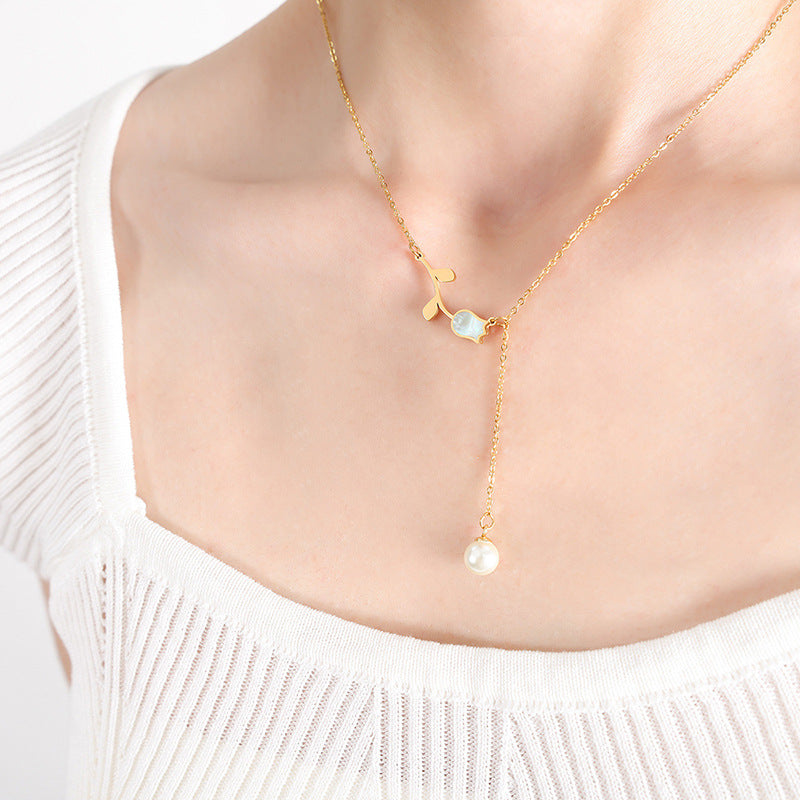 Rose Pendant & Imitation Pearl Pendant Tassel Necklace