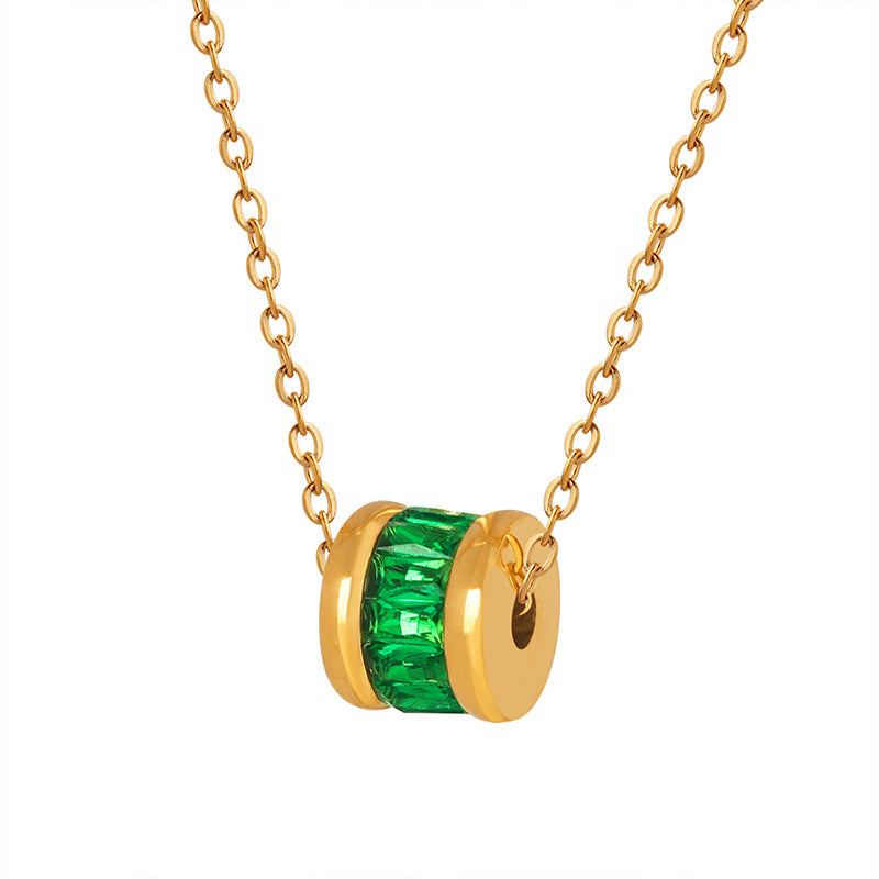 Stainless Steel Ring Green Cubic Zirconia Necklace
