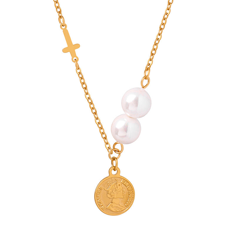 Stainless Steel Round Portrait Pendant Imitation Pearl Necklace