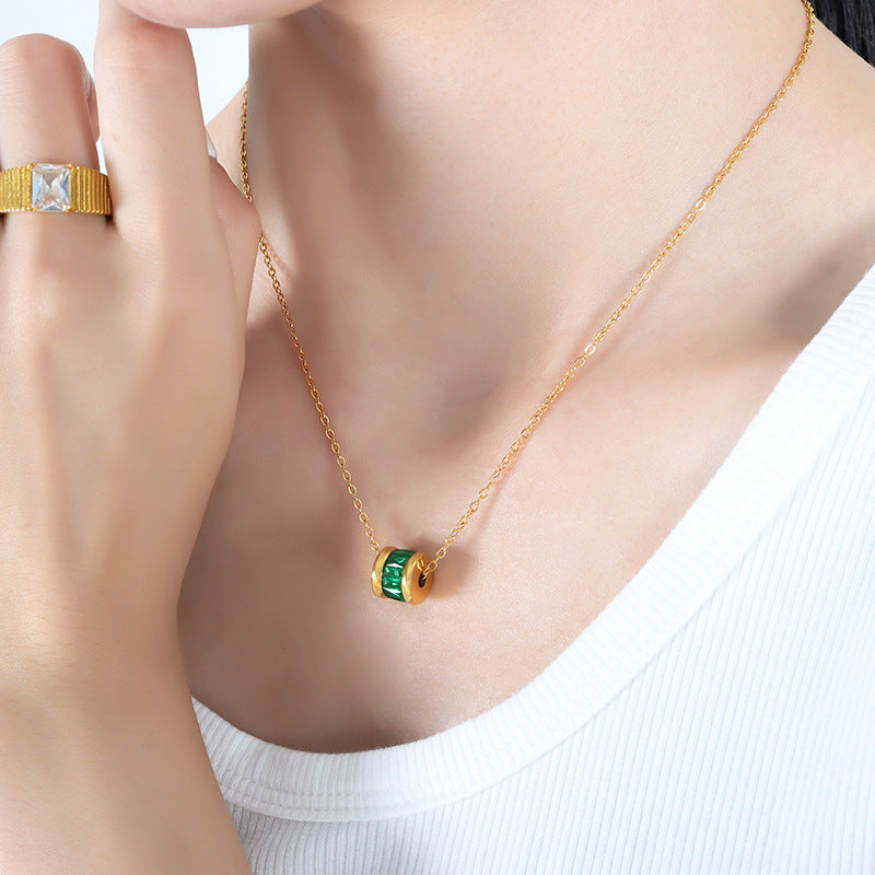 Stainless Steel Ring Green Cubic Zirconia Necklace