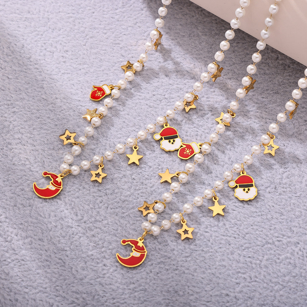 Christmas Cartoon Pendant Pearl Necklace