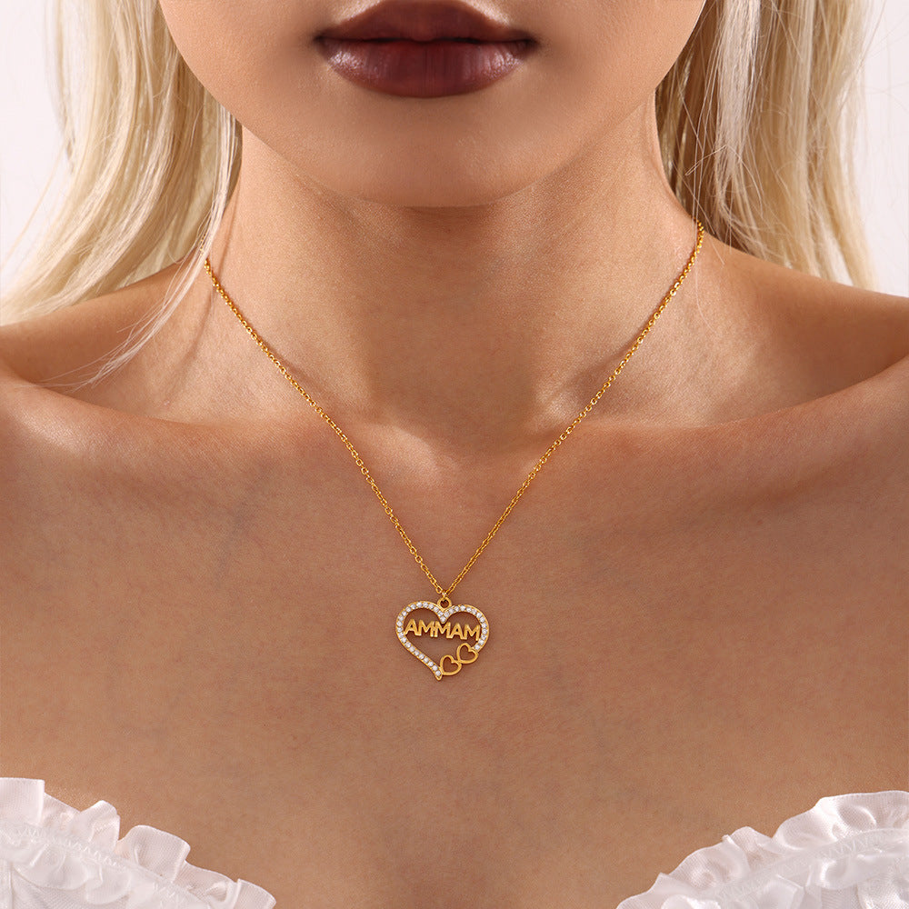 Stainless Steel Double Heart Cubic Zirconia Letter Necklace