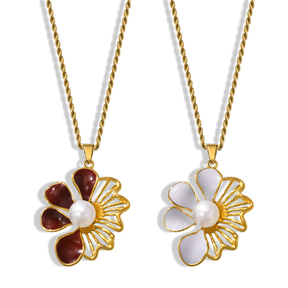 Stainless Steel Flower Pendant Inlay Single Pearl Necklace