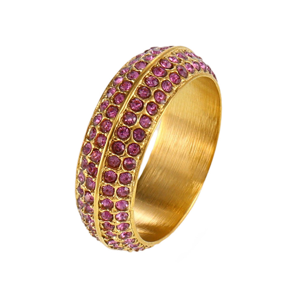 Bague en acier inoxydable avec quatre rangées de zircones cubiques incrustées