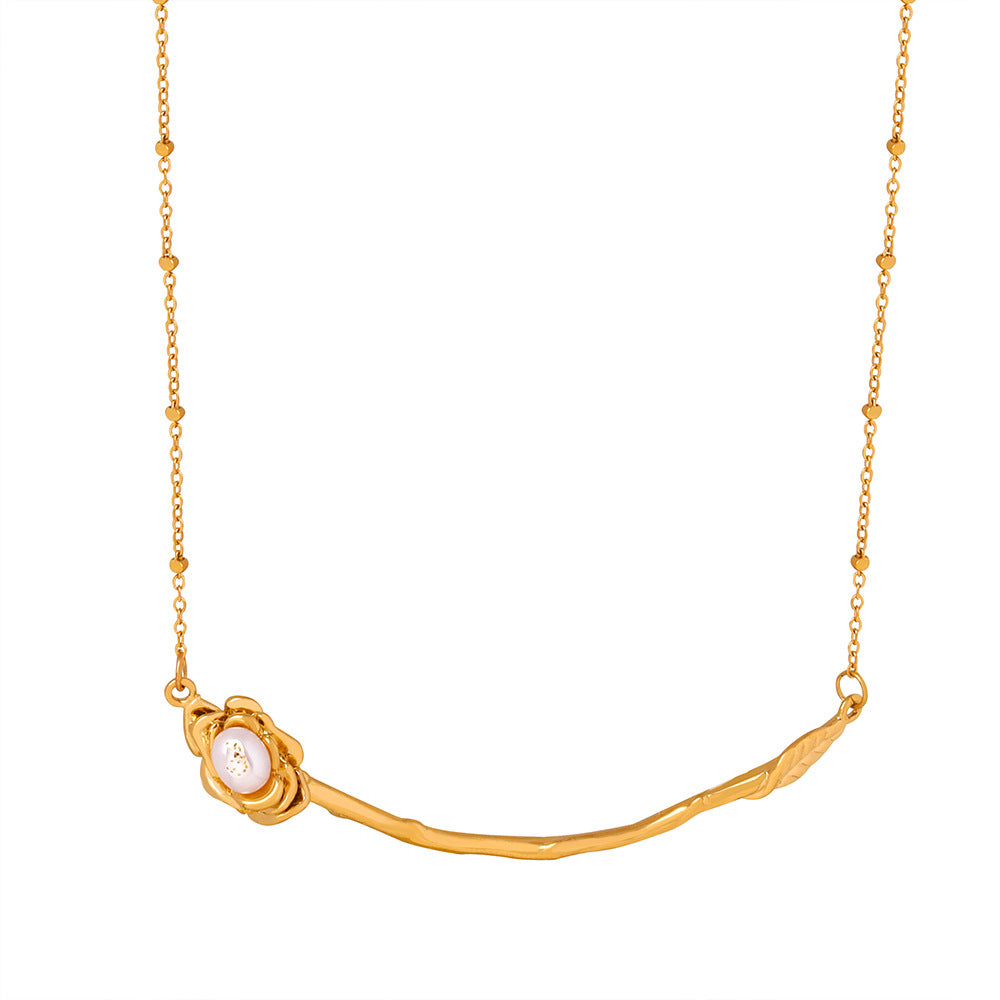 Stainless Steel Rose Pendant Inlay Freshwater Pearl Necklace