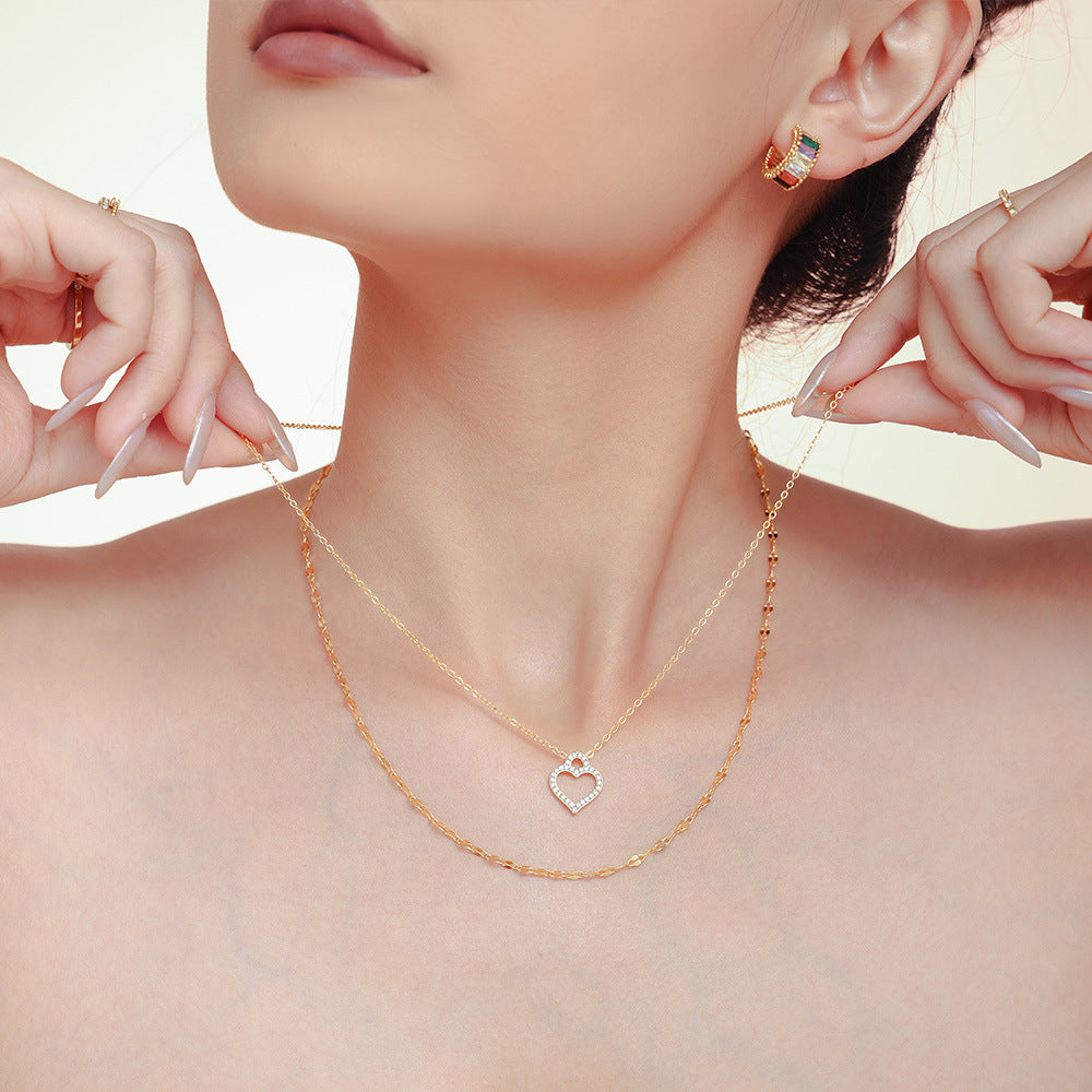 Stainless Steel Peach Heart with Outer Hole Inlay Cubic Zirconia Necklace
