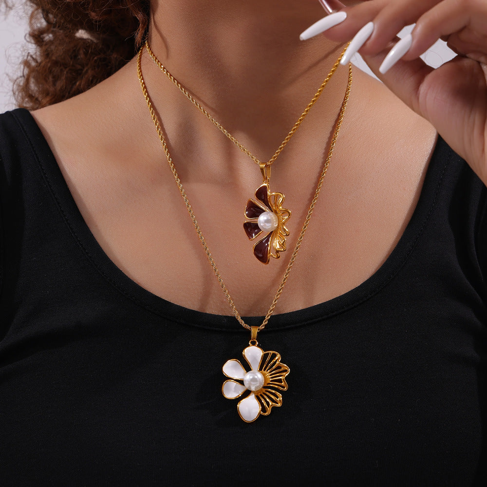 Stainless Steel Flower Pendant Inlay Single Pearl Necklace