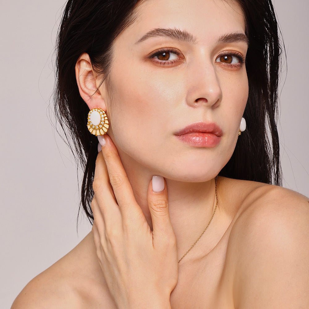 Shell Texture Inlay Cubic Zirconia Hoop Earrings