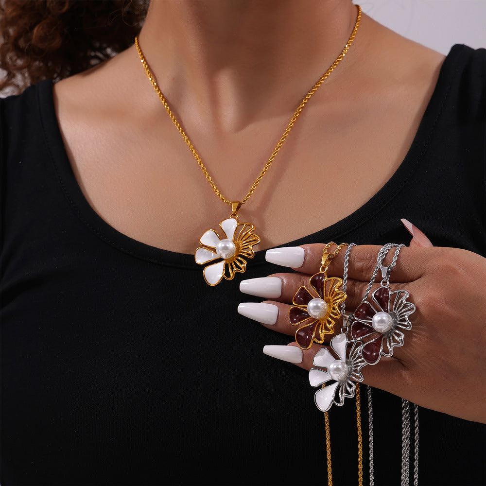 Stainless Steel Flower Pendant Inlay Single Pearl Necklace