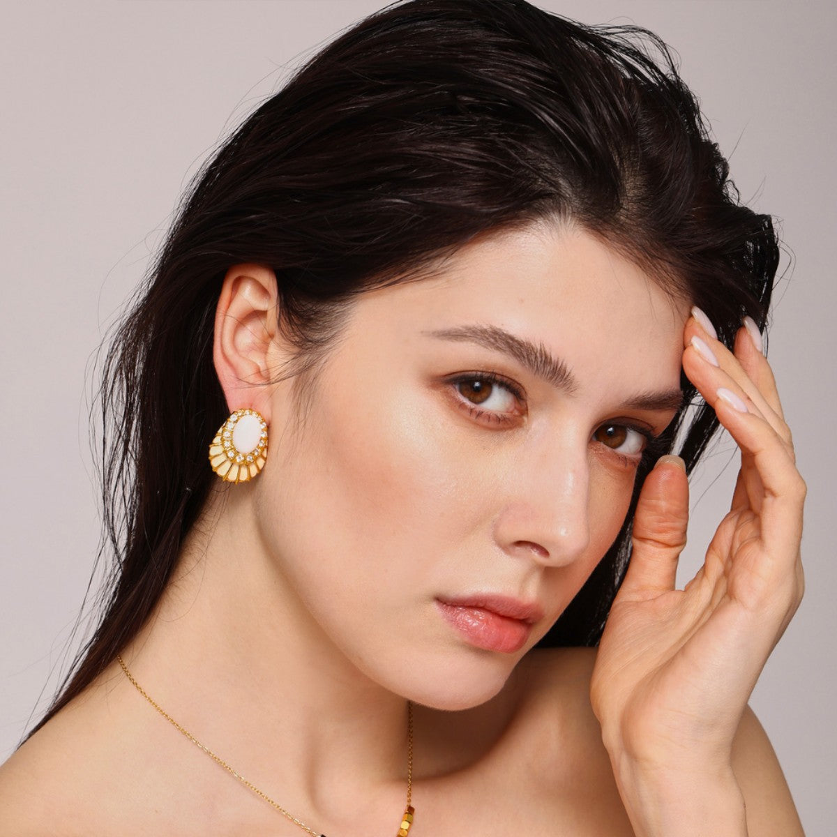 Shell Texture Inlay Cubic Zirconia Hoop Earrings