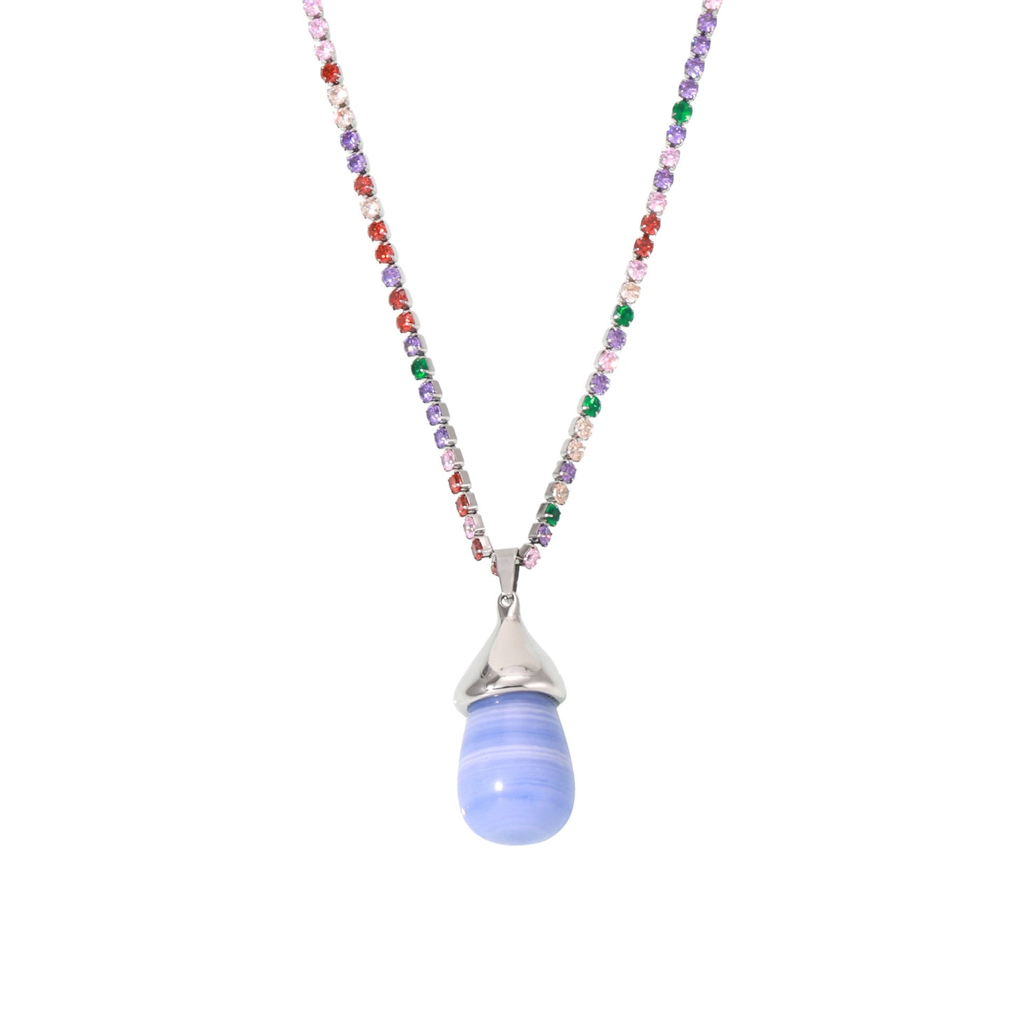 Stainless Steel Cubic Zirconia Chain Drop Shape Pendant Necklace