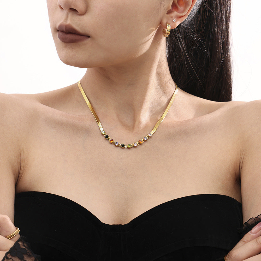 Stainless Steel Snake Chain Rainbow Cubic Zirconia Necklace