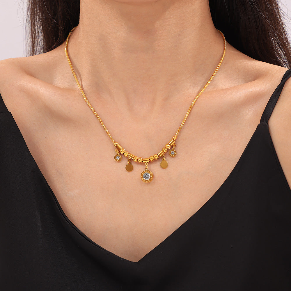 Stainless Steel Round Inlay Cubic Zirconia Pendant Necklace
