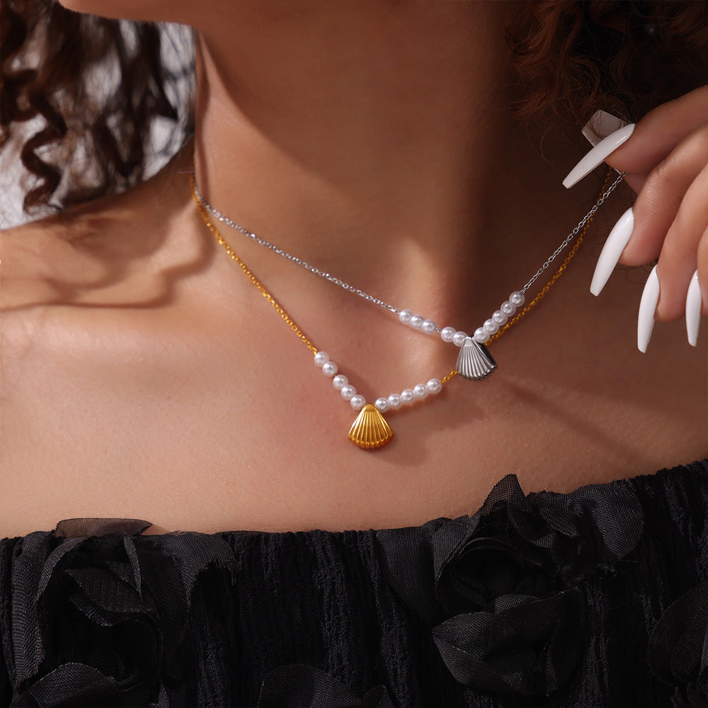 Stainless Steel Shell Pendant Freshwater Pearl Necklace