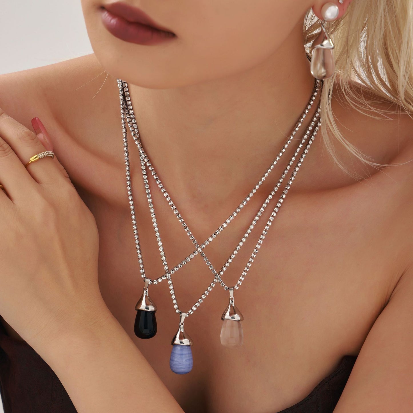 Stainless Steel Cubic Zirconia Chain Drop Shape Pendant Necklace
