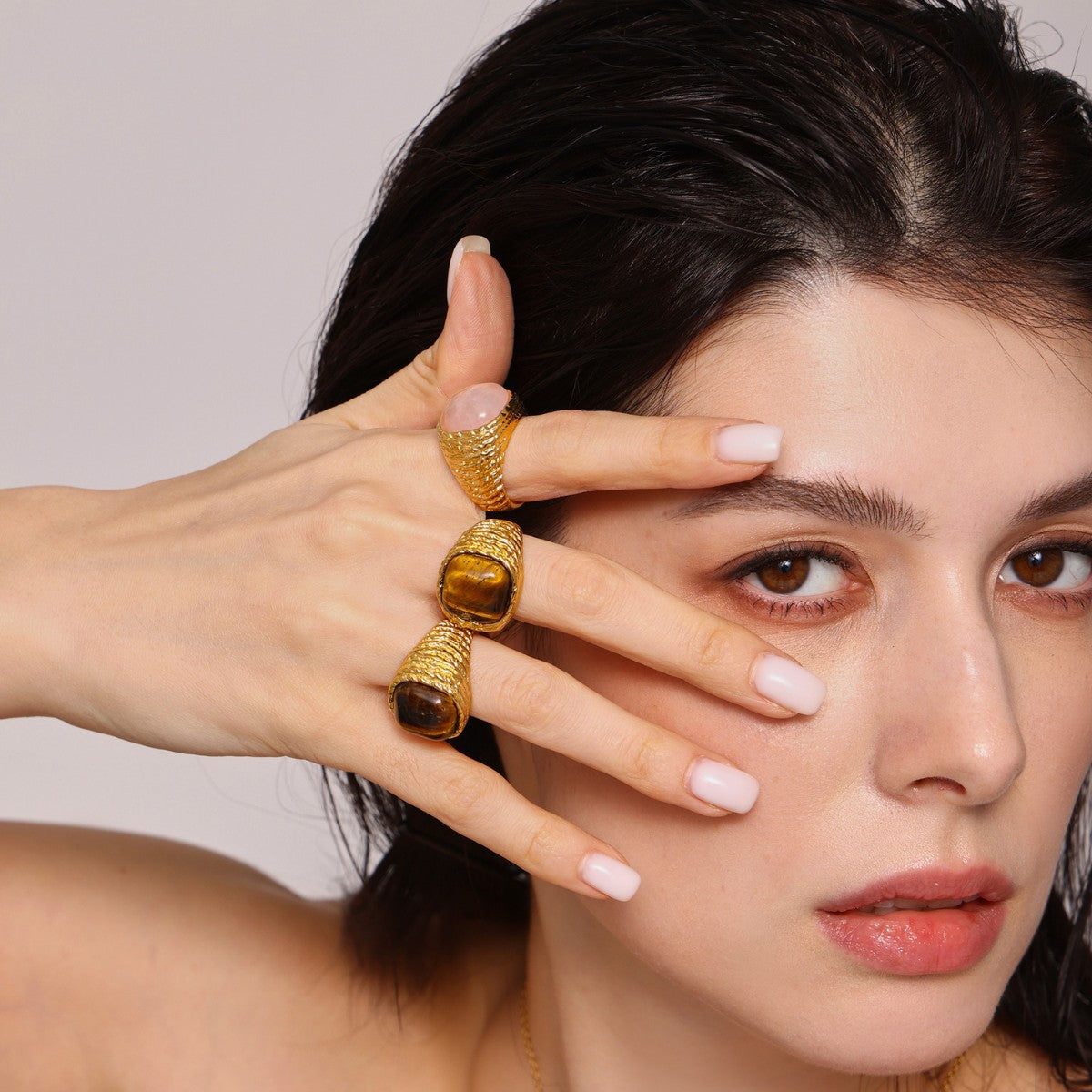 Stainless Steel Tiger Eye Stone & Rose Quartz Ring