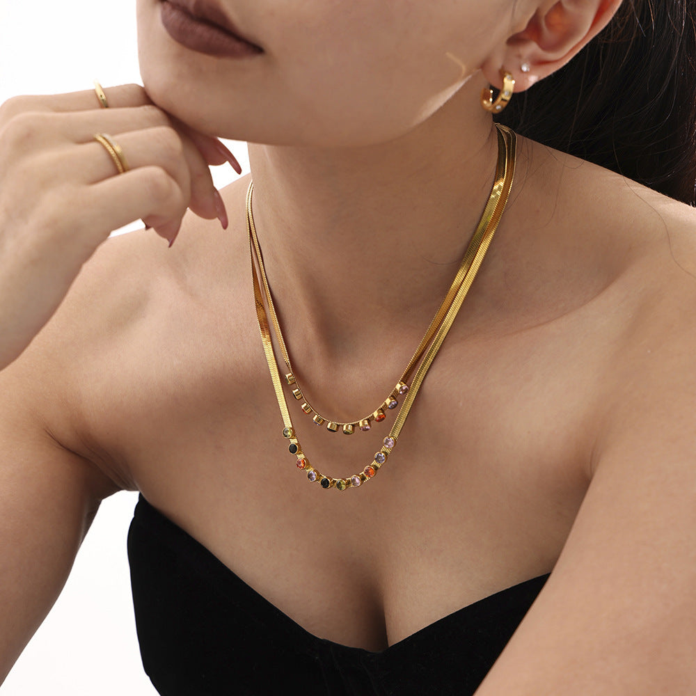 Stainless Steel Snake Chain Rainbow Cubic Zirconia Necklace