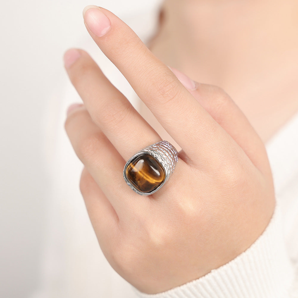 Stainless Steel Tiger Eye Stone & Rose Quartz Ring