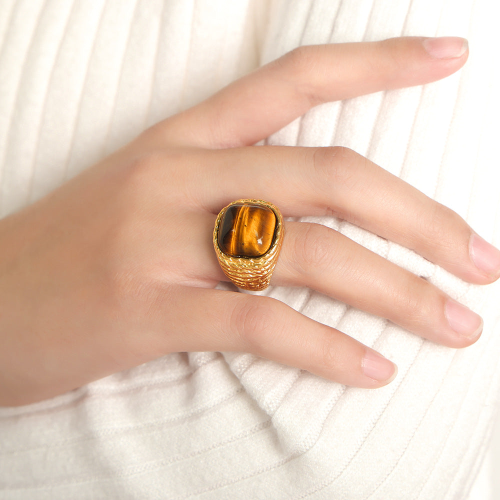 Stainless Steel Tiger Eye Stone & Rose Quartz Ring