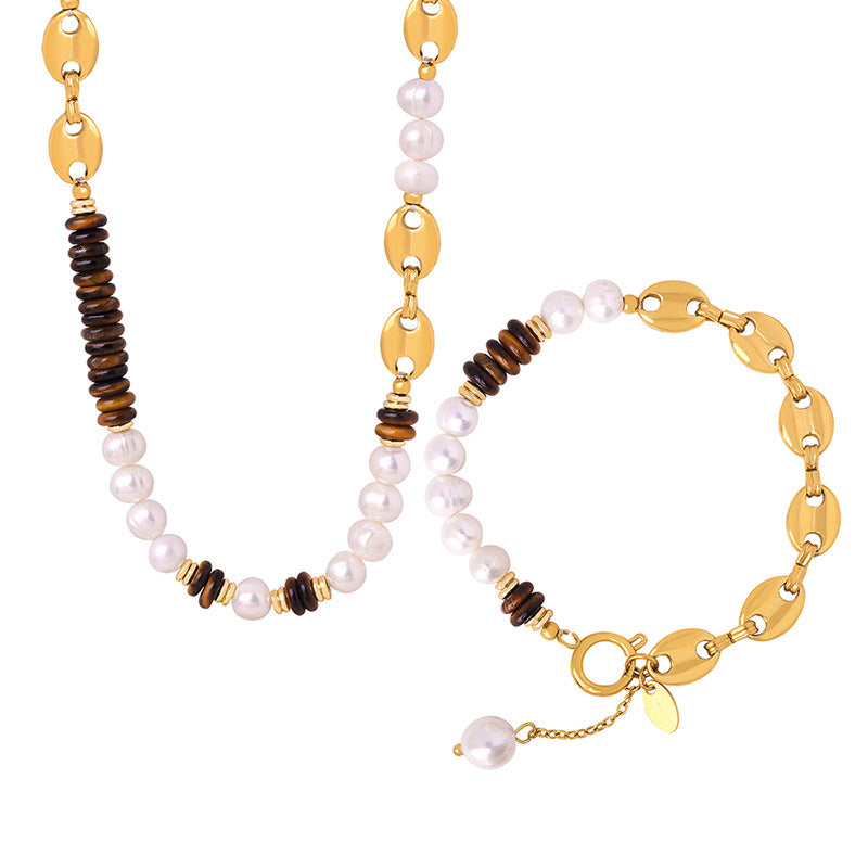 Freshwater Pearl Tiger Eye Stone Pig Anchor Chain Necklace Bracelet Set