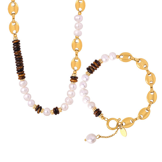 Freshwater Pearl Tiger Eye Stone Pig Anchor Chain Necklace Bracelet Set