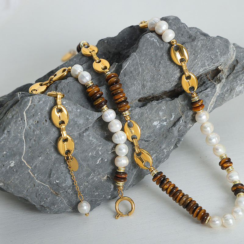 Freshwater Pearl Tiger Eye Stone Pig Anchor Chain Necklace Bracelet Set