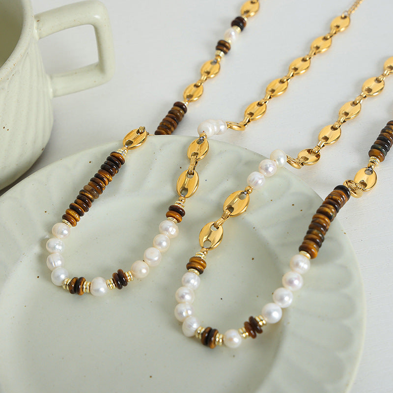 Freshwater Pearl Tiger Eye Stone Pig Anchor Chain Necklace Bracelet Set