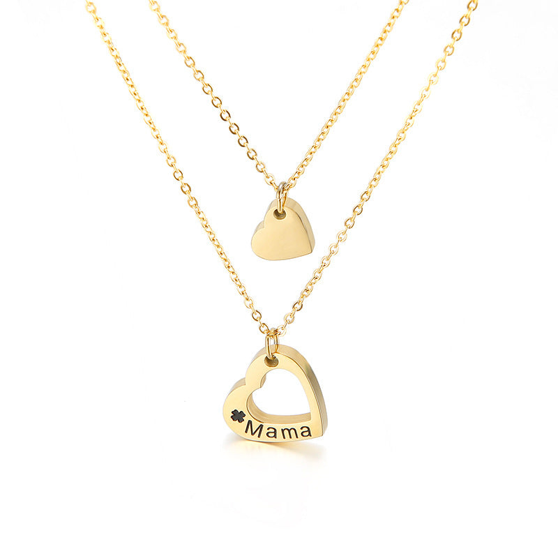 Stainless Steel Heart Hollow Pendant Double Layer Necklace