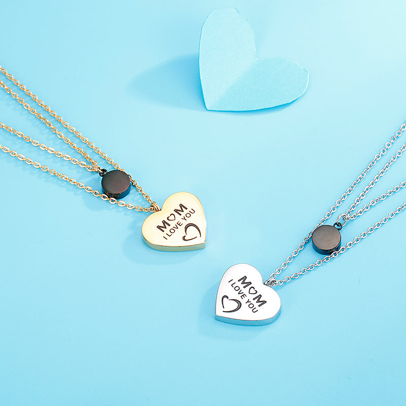 Stainless Steel Heart Pendant & Round Pendant Double Layer Necklace