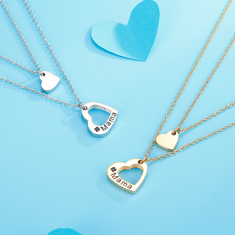 Stainless Steel Heart Hollow Pendant Double Layer Necklace