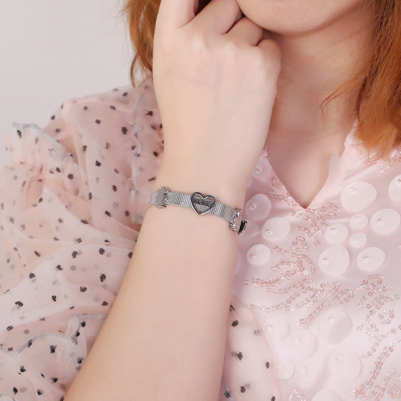 Stainless Steel Heart Shape Hollow Mesh Strap Bracelet