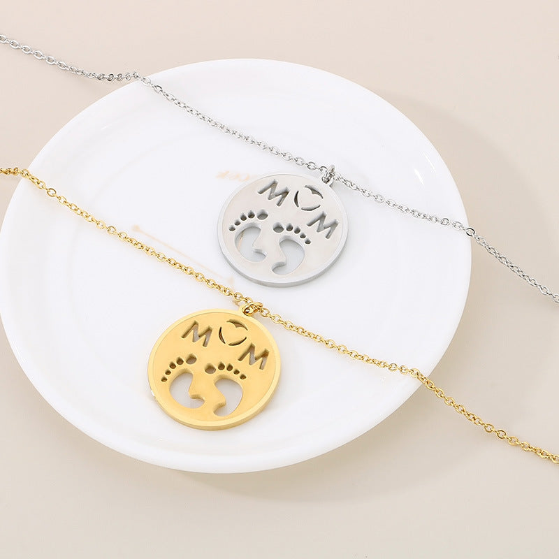Stainless Steel MOM Letter Round Pendant Footprint Pattern Bracelet