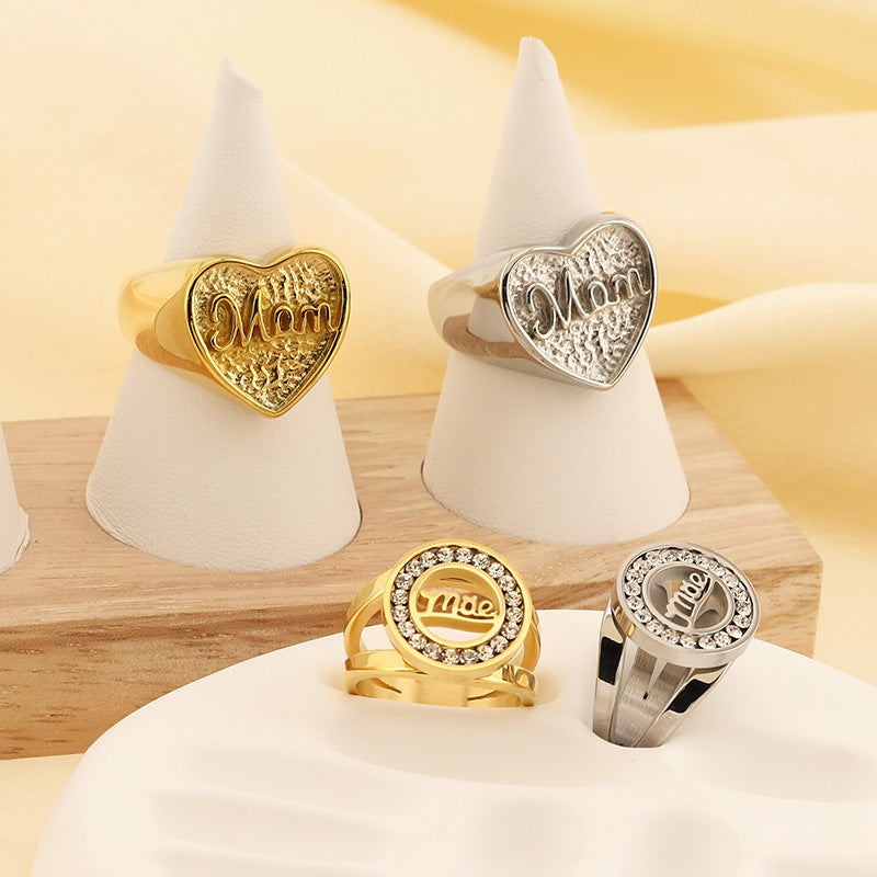 Stainless Steel Letter Cubic Zirconia Mother's Day Ring