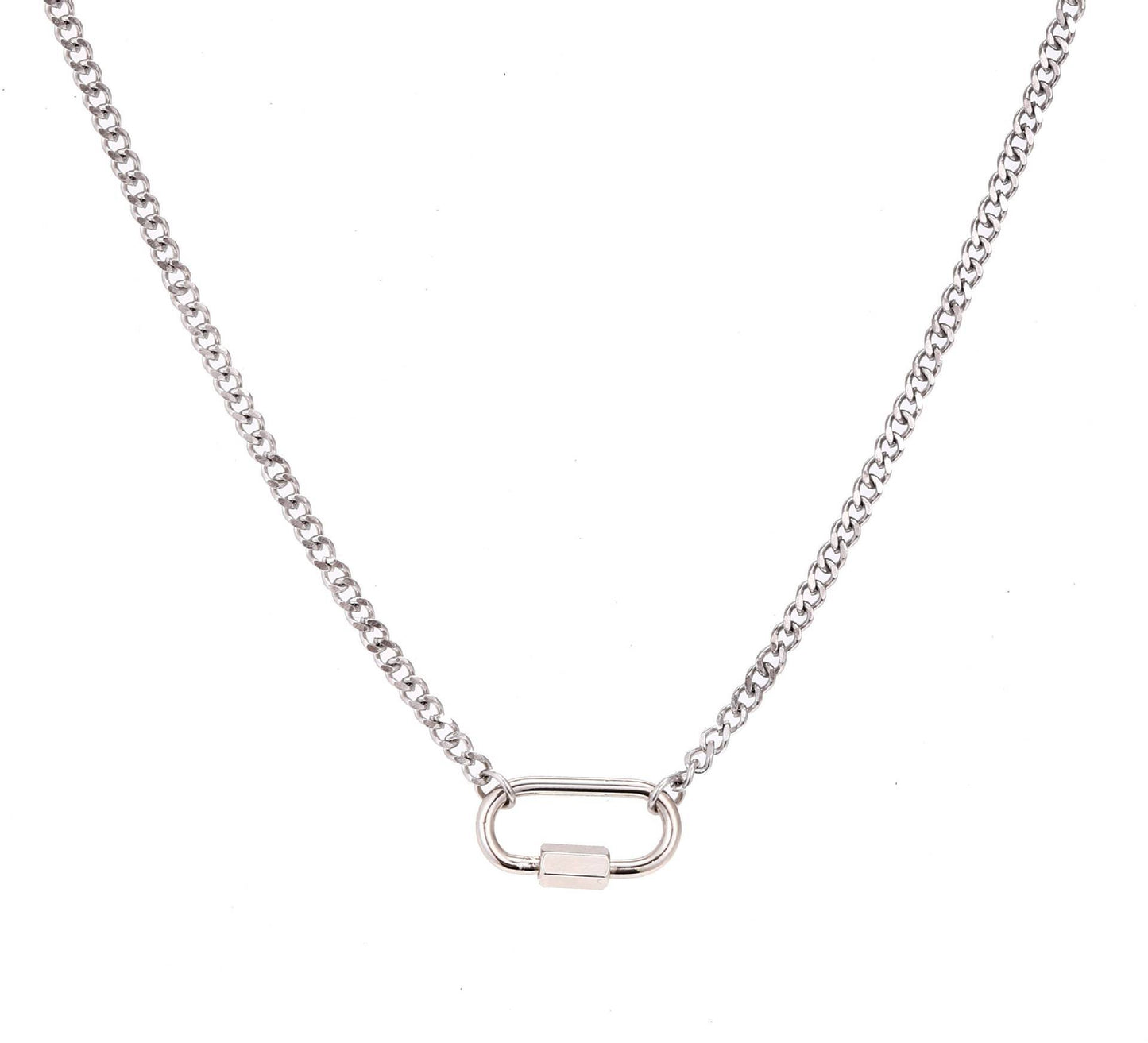 Stainless Steel Curb Chain Small Oval Carabiner Necklace