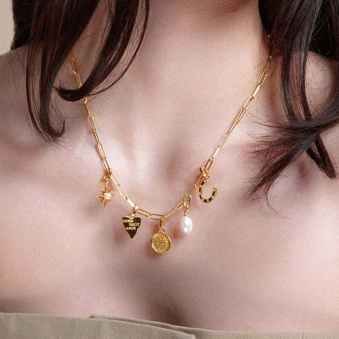 Stainless Steel Coin Heart-shaped Natural Stone Pendant