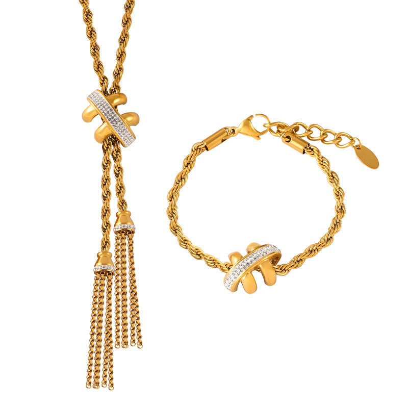 Rope Chain Geometric Pendant Necklace Bracelet Cubic Zirconia Ring Earrings Jewelry Suit