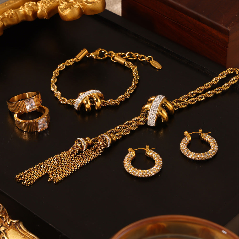 Rope Chain Geometric Pendant Necklace Bracelet Cubic Zirconia Ring Earrings Jewelry Suit