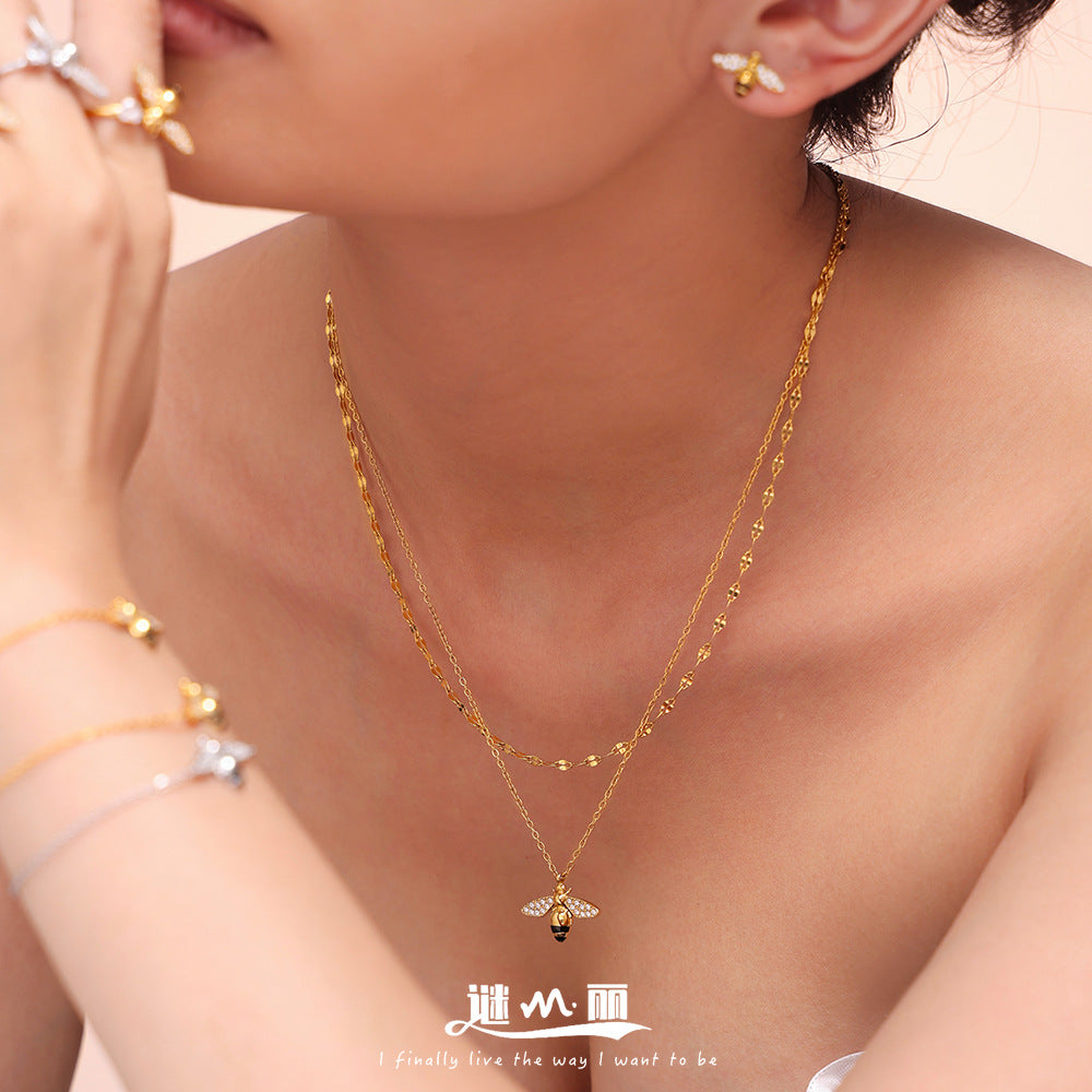 Bee Inlay Cubic Zirconia Necklace Bracelet Earrings Ring Jewelry Suit