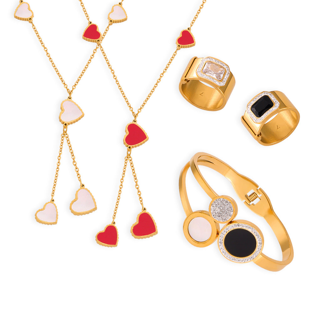 Heart-shaped Seashell Necklace Black CZ Bracelet Ring Jewelry Suit